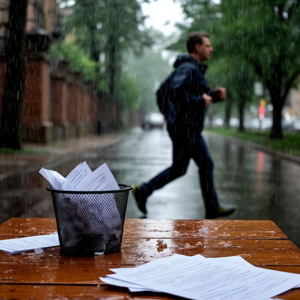 Мужчина бежит под дождем. На переднем плане стоит стол с мусоркой, в которой бумажки
